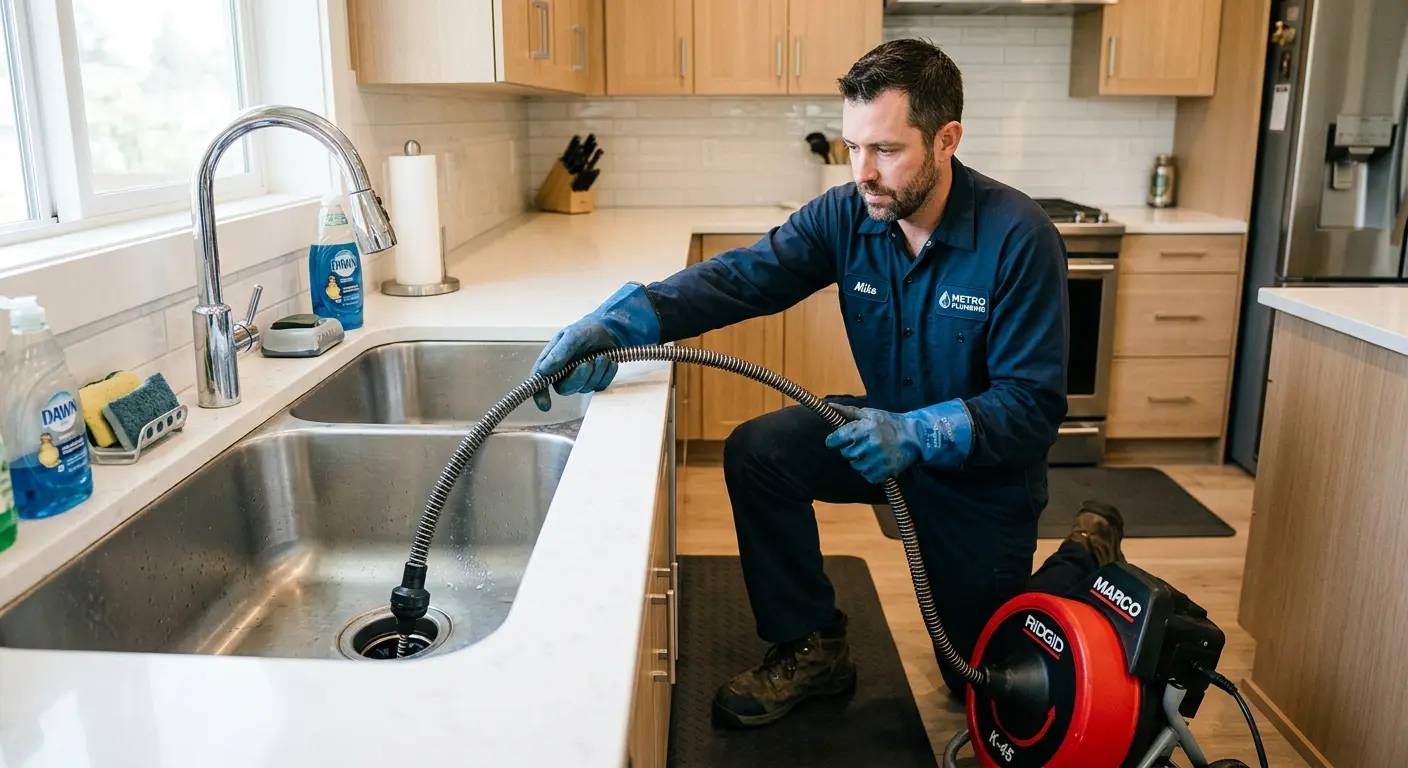 Drain cleaning technician using a motorized snake on a kitchen sink in Prien