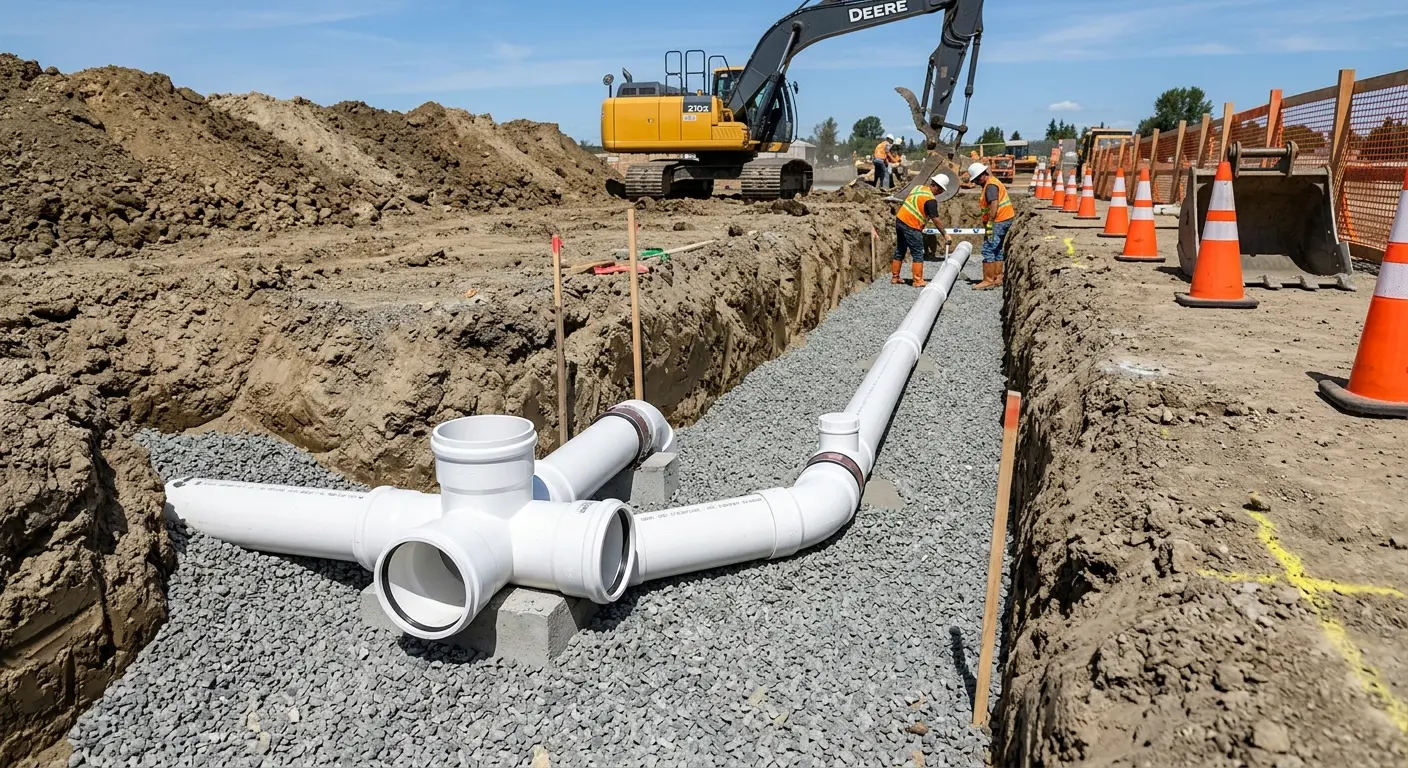 New PVC sewer pipe installation in open trench for Sewer Backup in Prien