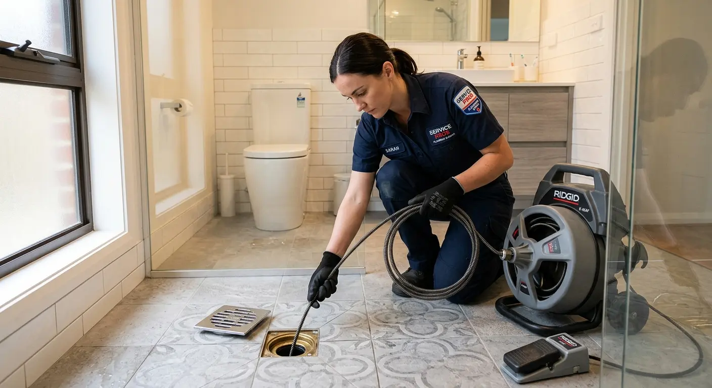 Technician clearing a bathroom floor drain for Hydro Jetting in Prien